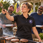 Illustrative mockup: woman commanding a backyard grill in black OVE polo