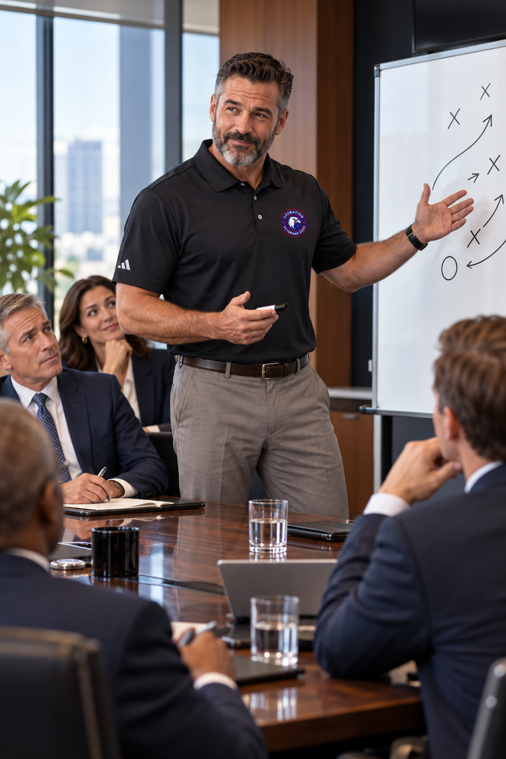 Illustrative lifestyle mockup: veteran wearing the black OVE adidas polo confidently briefing executives in suits.