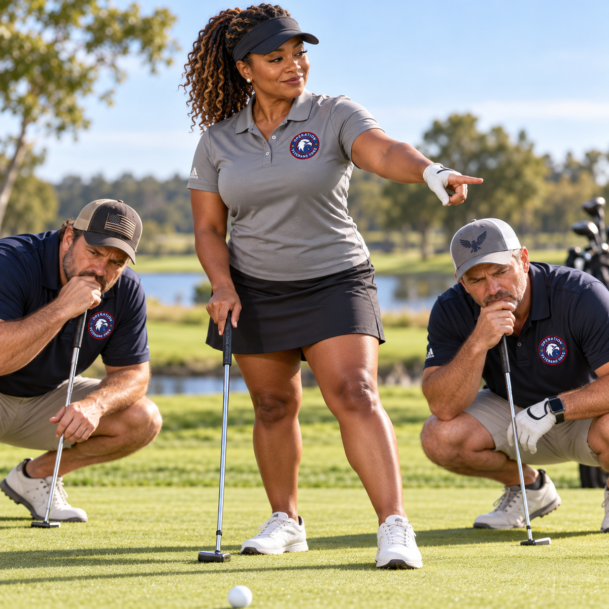 Illustrative mockup: Black woman directing golf strategy in Grey Three OVE polo