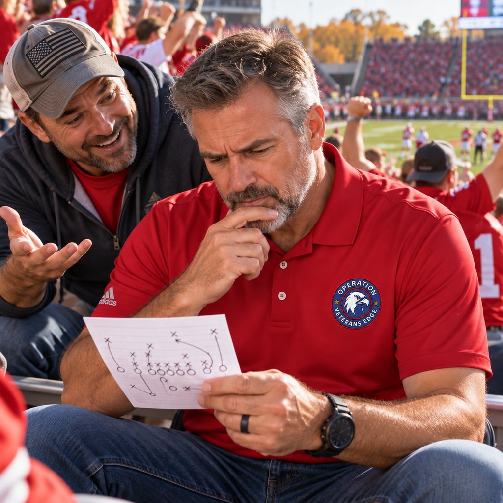 Illustrative mockup: veteran conducting football analysis in Collegiate Red OVE polo