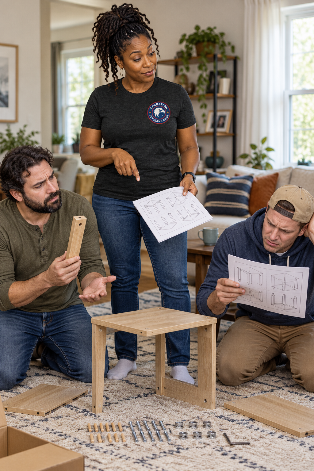 Illustrative lifestyle mockup: Black woman in a black OVE tee directing confused adults assembling a small table.
